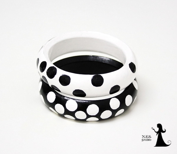 Black White Polka Dots Clear Resin Bangle Bracelet Contemporary Jewelry