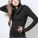 black organic wool sweater with cowl neck and thumbholes