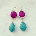 september jewelry long DUAL violette fuchsia purple and deep green aqua drop jade stones earrings matte silver gemstone earrings Israel