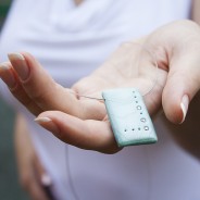Modern minimalist necklace: Mint rectangle with rhinestones