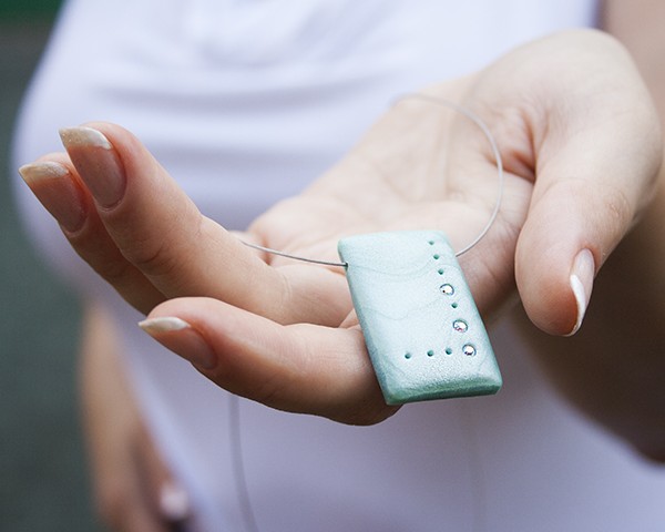 Modern minimalist necklace: Mint rectangle with rhinestones