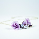 Bridal earrings: cluster earrings with purple pearl roses, natural pearls and Swarovski crystals