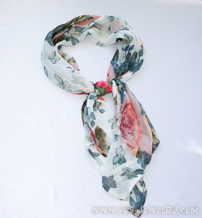 Sage green scarf with coral roses 1 0001