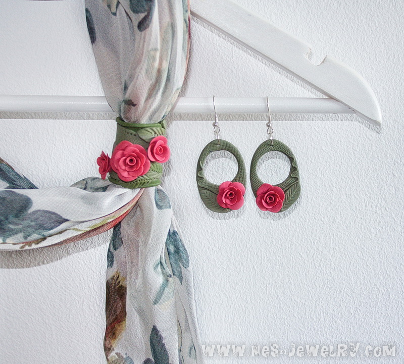 Sage green scarf with coral roses 1 0013