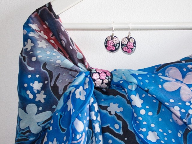 Handpainted silk shawl with Polymer clay scarf ring Cherry blossom