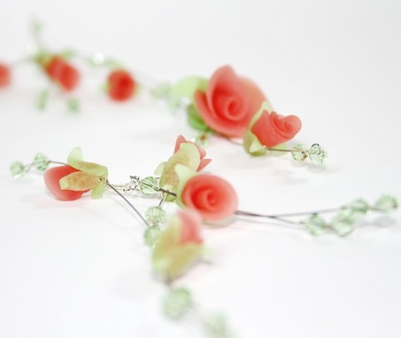 Bridal Handmade Floral jewelry set with coral pink rosebuds