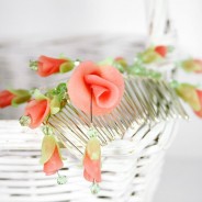 Bridal Handmade Floral hair comb with coral pink rosebuds