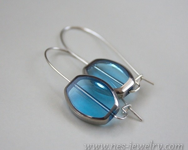 Long Blue framed glass beads earrings