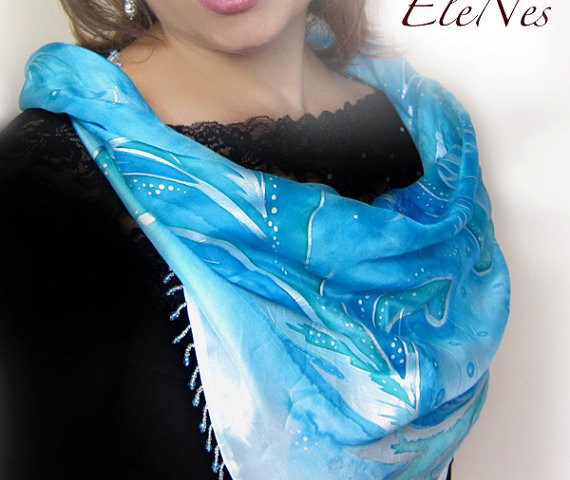 Handpainted silk scarf with silver winter pattern