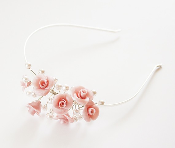 Floral asymmetrical tiara with pink rosebuds and pearls