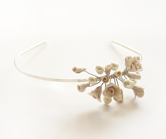 Floral asymmetrical tiara with ivory rosebuds and pearls