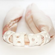 Long textile necklace with blush pink flower print silk and white polymer clay beads