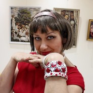 Wooden bangle with flowers and polka dots