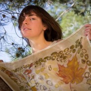 Handpainted silk and wool shawl with maple leaves watercolor design