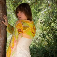 Handpainted silk and wool scarf with fallen leaves design