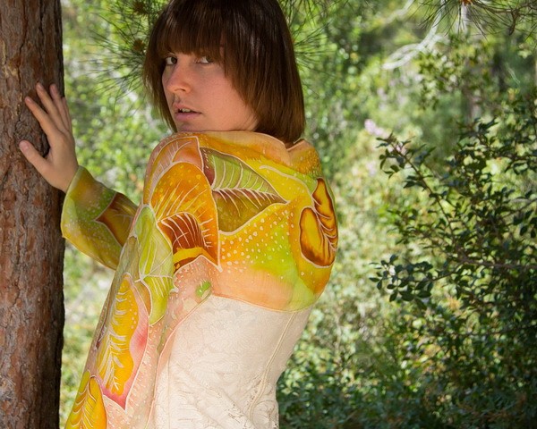 Handpainted silk and wool scarf with fallen leaves design