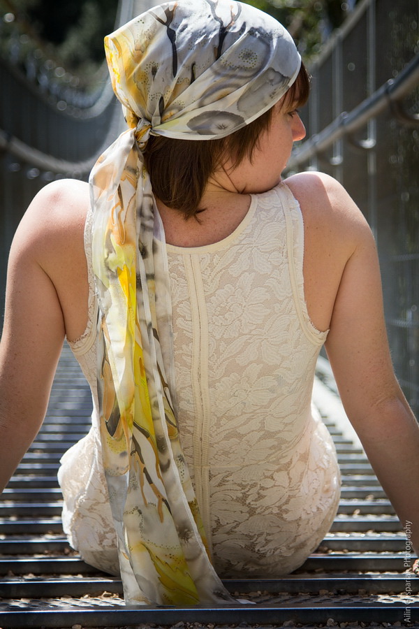 Handpainted silk scarf with yellow and olive green leaves 4