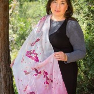 Hand painted silk scarf with Pink Flamingo design from Habotai silk