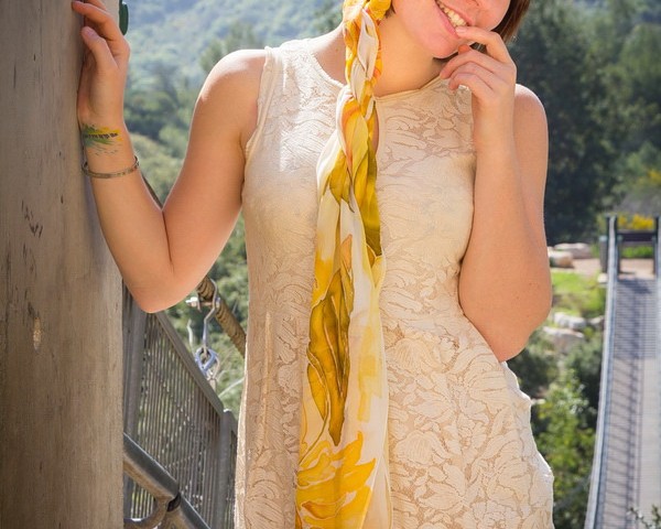Handpainted Habotai silk scarf with yellow leaves design