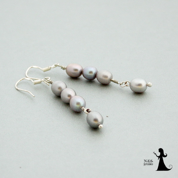 Silver long pearl earrings